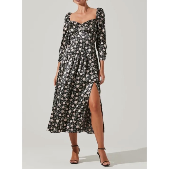 Astr Satin Floral Midi Sweetheart Neckline Puff Sleeve Dress Medium - Picture 1 of 13
